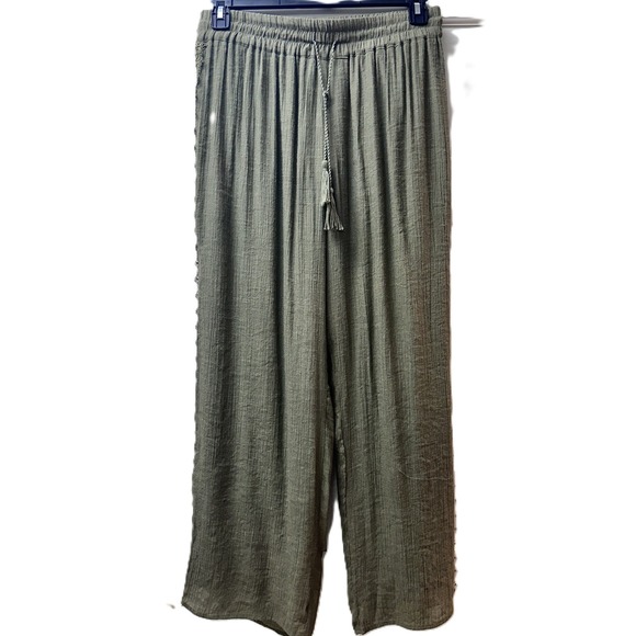 New Directions Linen Look Wide Leg Lined Pants Olive Crochet Side Trim Size M - Picture 3 of 11
